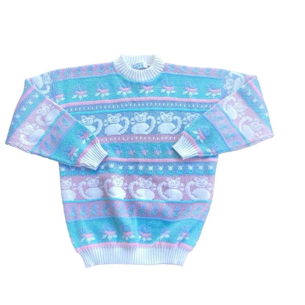 VTG Rose Sparkle Sweater Cat Kittens Pastel Pink Kidcore Kawaii Cottagecore S/M